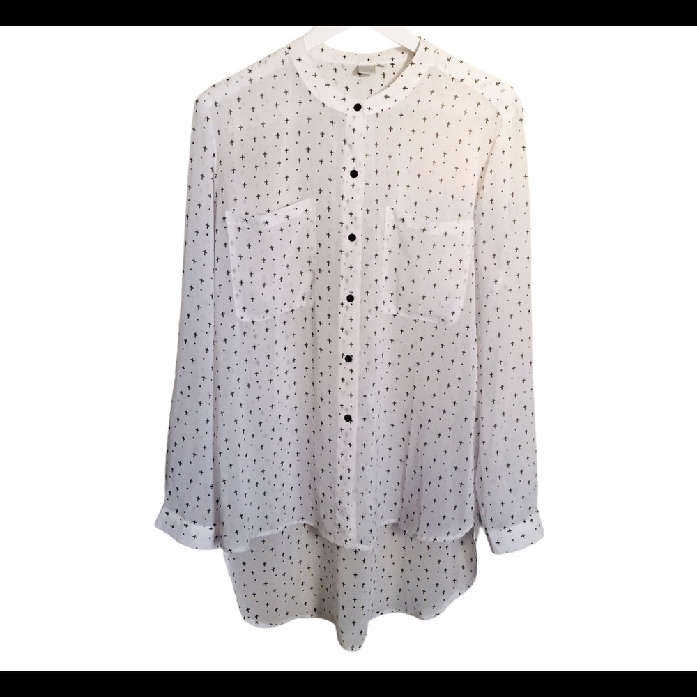 TWIK by Simons Dainty Cross Print Button Down Collarless Blouse Ivory Large - Picture 5 of 12